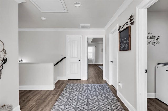 corridor with ornamental molding and dark wood-type flooring