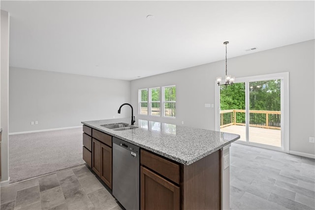 kitchen with dishwasher, baseboards, light stone counters, an inviting chandelier, and a sink