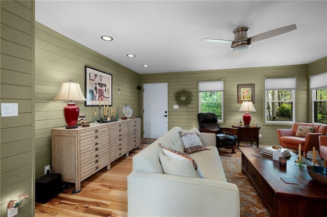306 Pig Trl, Cherry Log, GA 30522 - living room with recessed lighting, light wood-style floors, ceiling fan, and wooden walls