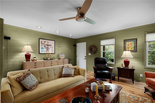 306 Pig Trl, Cherry Log, GA 30522 - living room with wooden walls, a ceiling fan, recessed lighting, and light wood-type flooring