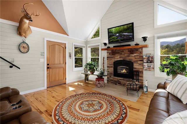 306 Pig Trl, Cherry Log, GA 30522 - living room with wooden walls, baseboards, a stone fireplace, and hardwood / wood-style floors