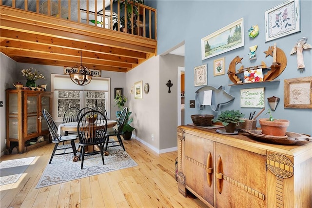 306 Pig Trl, Cherry Log, GA 30522 - dining space with wood-type flooring, baseboards, a notable chandelier, and beam ceiling