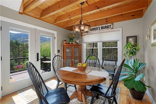 306 Pig Trl, Cherry Log, GA 30522 - dining room featuring an inviting chandelier, beam ceiling, wood ceiling, french doors, and light wood finished floors
