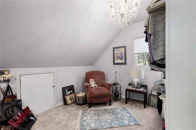 306 Pig Trl, Cherry Log, GA 30522 - living area with an inviting chandelier, carpet floors, baseboards, and vaulted ceiling
