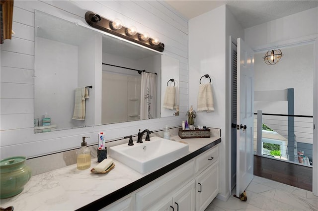 306 Pig Trl, Cherry Log, GA 30522 - full bathroom featuring vanity, marble finish floor, and curtained shower