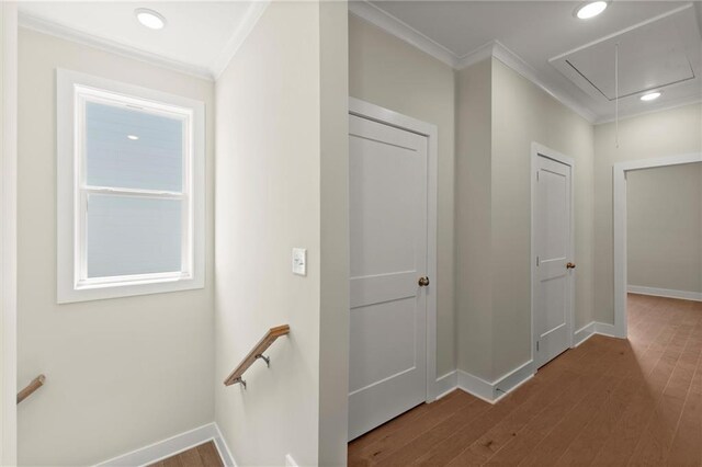 1417 Coretta Scott Bnd, Atlanta, GA 30318 - corridor with attic access, ornamental molding, baseboards, wood finished floors, and recessed lighting