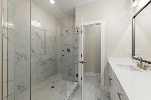 1417 Coretta Scott Bnd, Atlanta, GA 30318 - bathroom featuring a marble finish shower, vanity, marble finish flooring, and baseboards