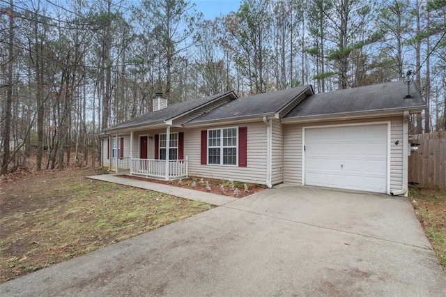 ranch-style home with a porch and a garage