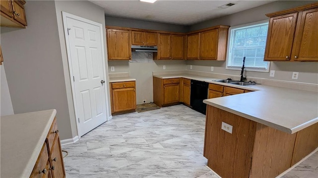 4373 Abram Dr, Conley, GA 30288 - kitchen featuring black dishwasher, a sink, under cabinet range hood, brown cabinetry, and a peninsula