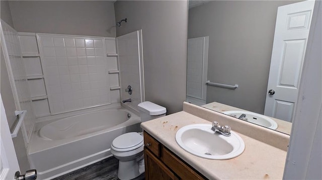 4373 Abram Dr, Conley, GA 30288 - bathroom featuring toilet, vanity, shower / bath combination, and wood finished floors