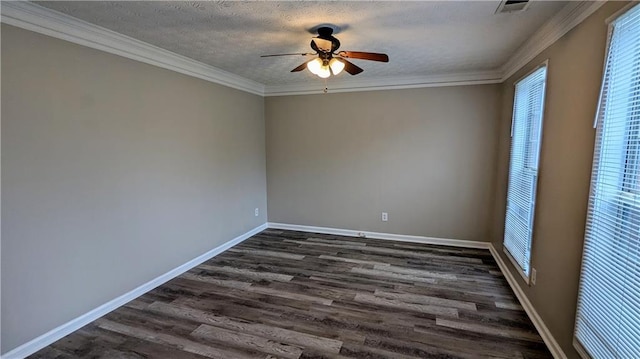 4373 Abram Dr, Conley, GA 30288 - empty room featuring ceiling fan, dark wood-type flooring, baseboards, ornamental molding, and a textured ceiling