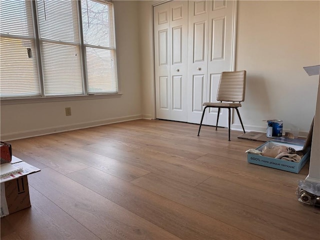 bedroom with a closet, multiple windows, and light hardwood / wood-style floors