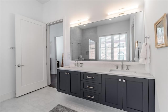 bathroom featuring double vanity, a sink, and a stall shower