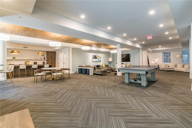 interior space with carpet flooring, pool table, and recessed lighting
