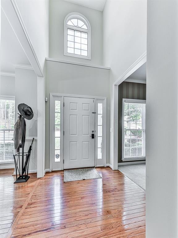 foyer entrance featuring hardwood / wood-style floors, a healthy amount of sunlight, and a towering ceiling