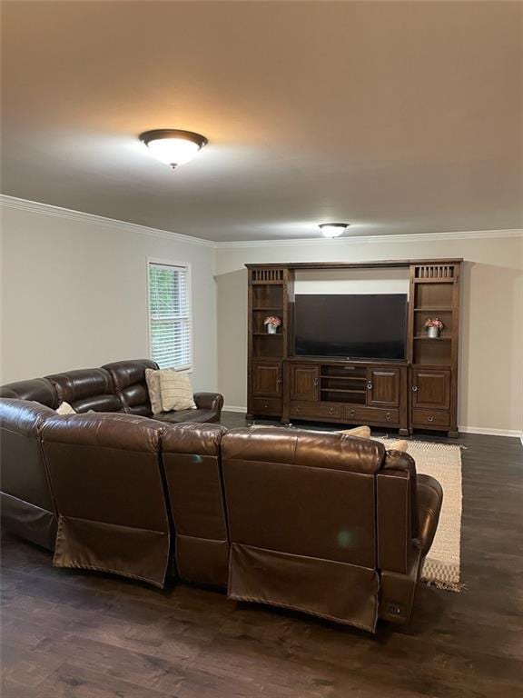 2166 Lake Ridge Ter, Lawrenceville, GA 30043 - living area featuring crown molding, dark wood-style floors, and baseboards