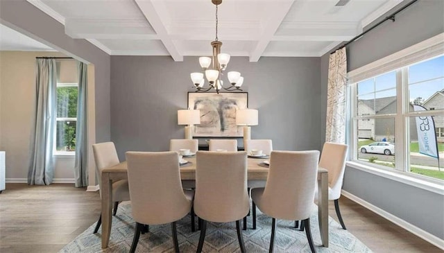 dining area featuring coffered ceiling, an inviting chandelier, ornamental molding, beamed ceiling, and wood-type flooring