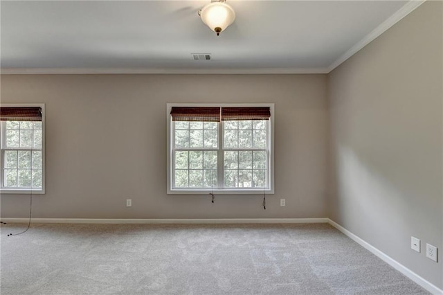 carpeted spare room featuring a wealth of natural light and ornamental molding