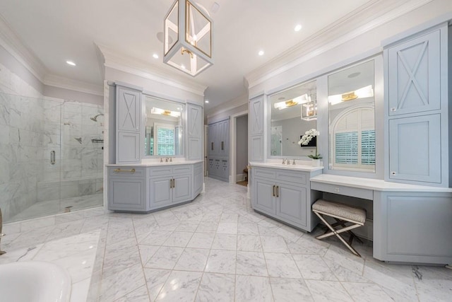 full bathroom featuring a sink, recessed lighting, two vanities, ornamental molding, and a stall shower