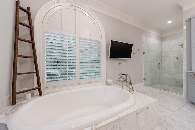 full bathroom with crown molding, plenty of natural light, a shower stall, and a garden tub