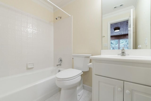 bathroom with shower / washtub combination, visible vents, ornamental molding, and vanity