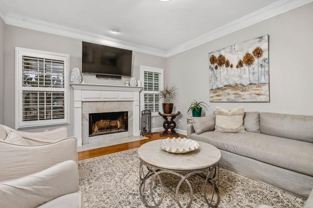 living room with a fireplace, wood finished floors, baseboards, and ornamental molding