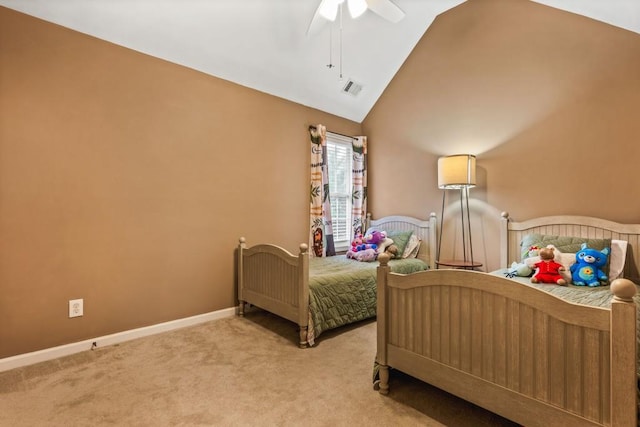 carpeted bedroom featuring visible vents, ceiling fan, baseboards, and vaulted ceiling