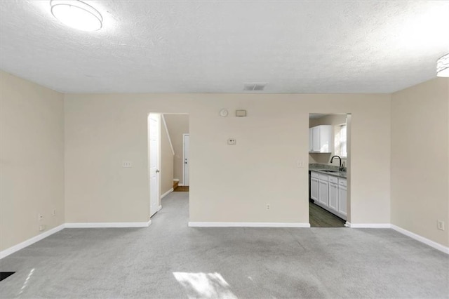 empty room featuring sink, carpet floors, and a textured ceiling