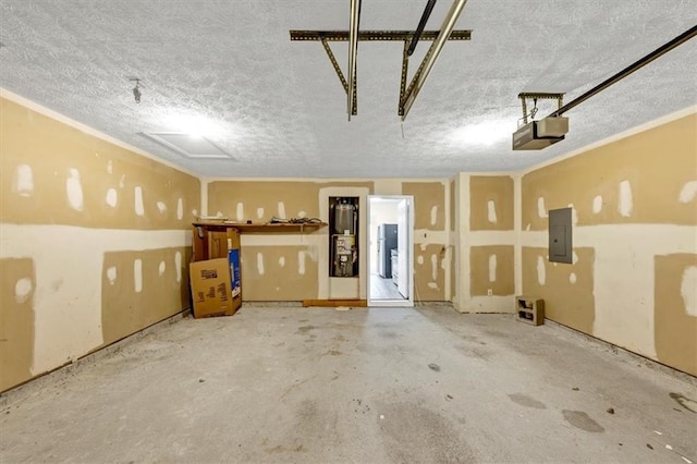 garage with electric panel and a garage door opener