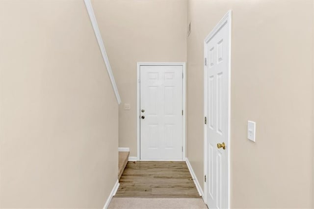 corridor featuring crown molding and light hardwood / wood-style flooring
