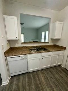 3609 Ginnis Rd, Atlanta, GA 30331 - kitchen with dishwasher, dark wood finished floors, and white cabinets