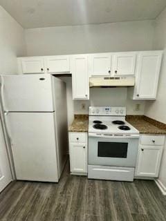 3609 Ginnis Rd, Atlanta, GA 30331 - kitchen featuring white appliances, under cabinet range hood, white cabinetry, and dark wood-type flooring