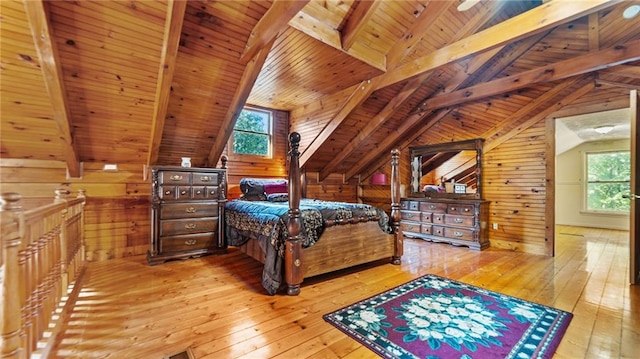 bedroom with lofted ceiling with beams, wooden ceiling, wooden walls, and light hardwood / wood-style flooring