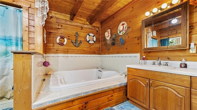 bathroom featuring vanity, wood walls, a bathing tub, beamed ceiling, and wood ceiling