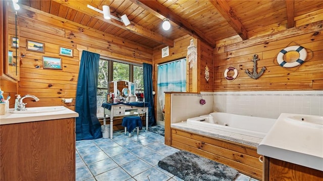 bathroom featuring beam ceiling, tile patterned floors, wood walls, vanity, and wood ceiling