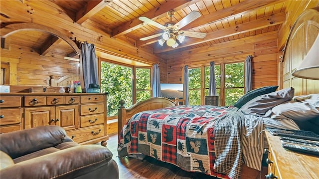 bedroom with beam ceiling, wooden walls, wooden ceiling, and dark hardwood / wood-style floors