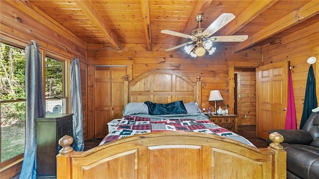 bedroom featuring ceiling fan, wooden walls, beamed ceiling, and wooden ceiling