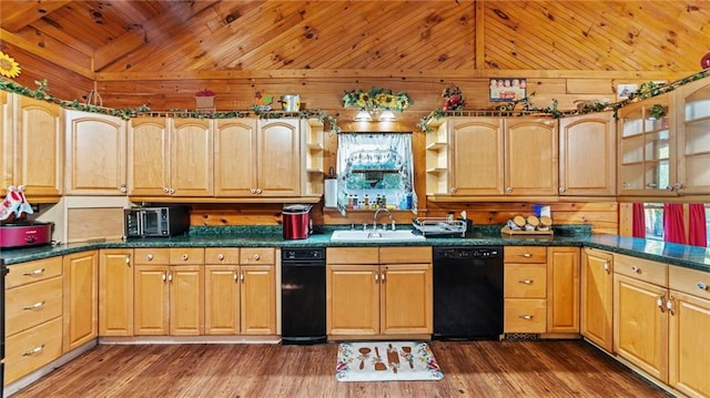 kitchen featuring dark hardwood / wood-style flooring, wooden walls, dishwasher, and sink