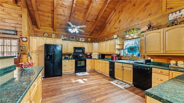 kitchen featuring light wood-type flooring, wood ceiling, ceiling fan, black appliances, and high vaulted ceiling