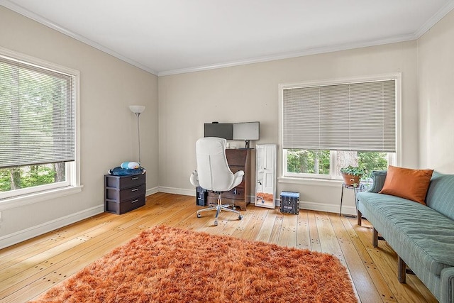 home office featuring a healthy amount of sunlight, wood-type flooring, and ornamental molding