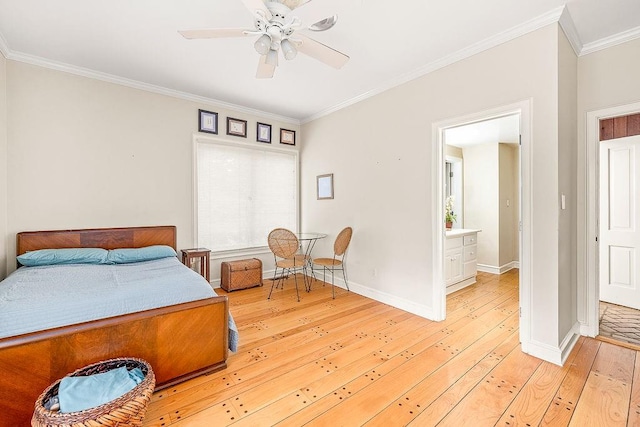 bedroom with crown molding, light wood-type flooring, ceiling fan, and connected bathroom