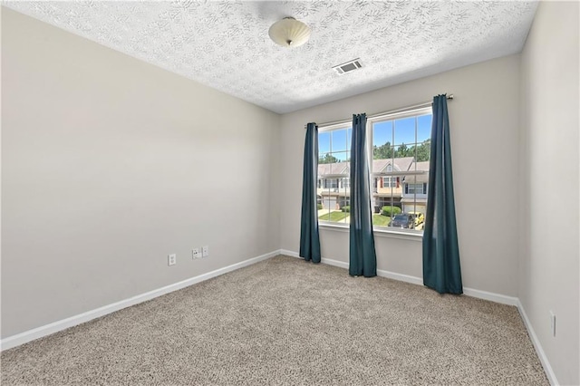 unfurnished room with light carpet and a textured ceiling