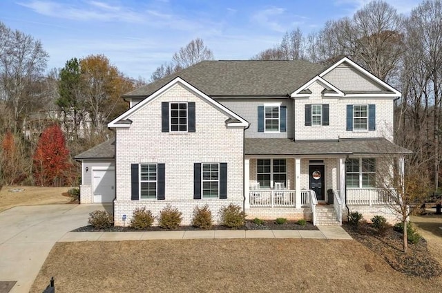 view of front facade featuring covered porch and a garage