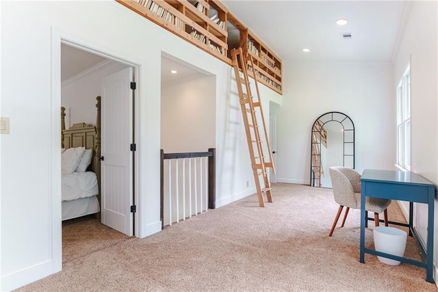 carpeted office space with ornamental molding