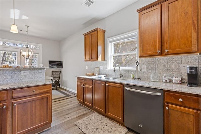 kitchen with a sink, visible vents, stainless steel dishwasher, and backsplash