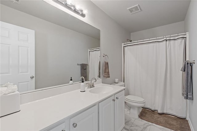 bathroom featuring vanity, visible vents, curtained shower, toilet, and marble finish floor