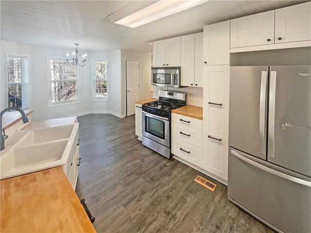 kitchen with a sink, wood counters, white cabinetry, appliances with stainless steel finishes, and dark wood-style floors