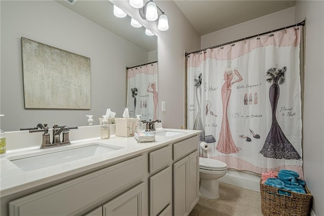 3715 Bridges Ct, Cumming, GA 30040 - bathroom featuring toilet, double vanity, a shower with curtain, and tile patterned floors