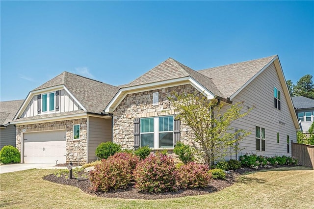 3715 Bridges Ct, Cumming, GA 30040 - view of front of property with stone siding, a shingled roof, concrete driveway, a garage, and board and batten siding