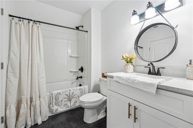 bathroom featuring tile patterned flooring, vanity, toilet, and shower / tub combo with curtain